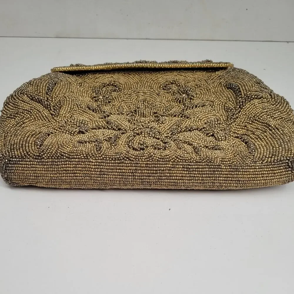 Vintage Gold Seed Bead Floral Evening Purse Art Deco Coquette Glamour Chic